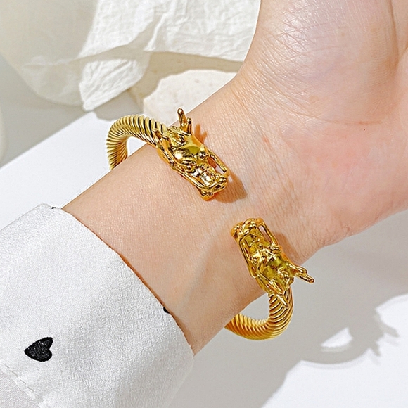 Dragon Head Viking Gold Plated Unisex Cuff Bangle Bracelet - Picture 2 of 6